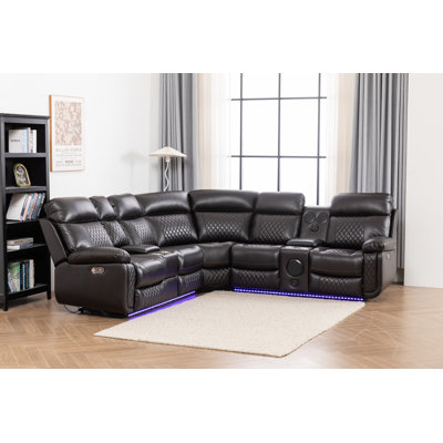 Sectional 3-Piece 197”Recliner Sofa Set For Living Room Bluetooth Three Speaker ,Led Lighting And Cup Holders by Brayden Studio