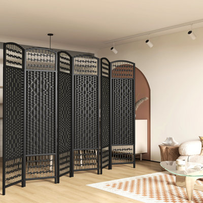 6 Panel Room , Folding Privacy Screen 5.6', Black Wave Fiber Partition, For Bedroom, Living Room, Home Office Temporary Wall Partition With Wood Frame