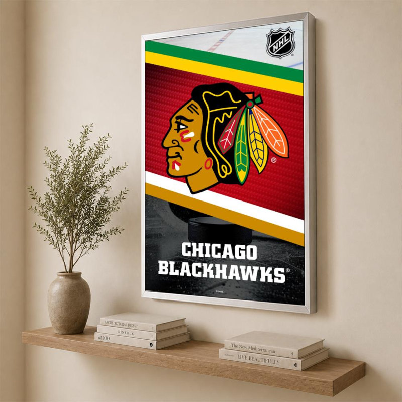 Décoration murale des Blackhawks de Chicago (NHL), H 60 po x l 40 po, Cadre plat flottant, Argent