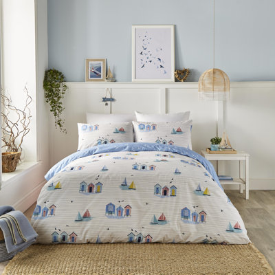 Beach Huts Blue/Grey/Pink 120 TC Reversible Modern & Contemporary Duvet Cover Set