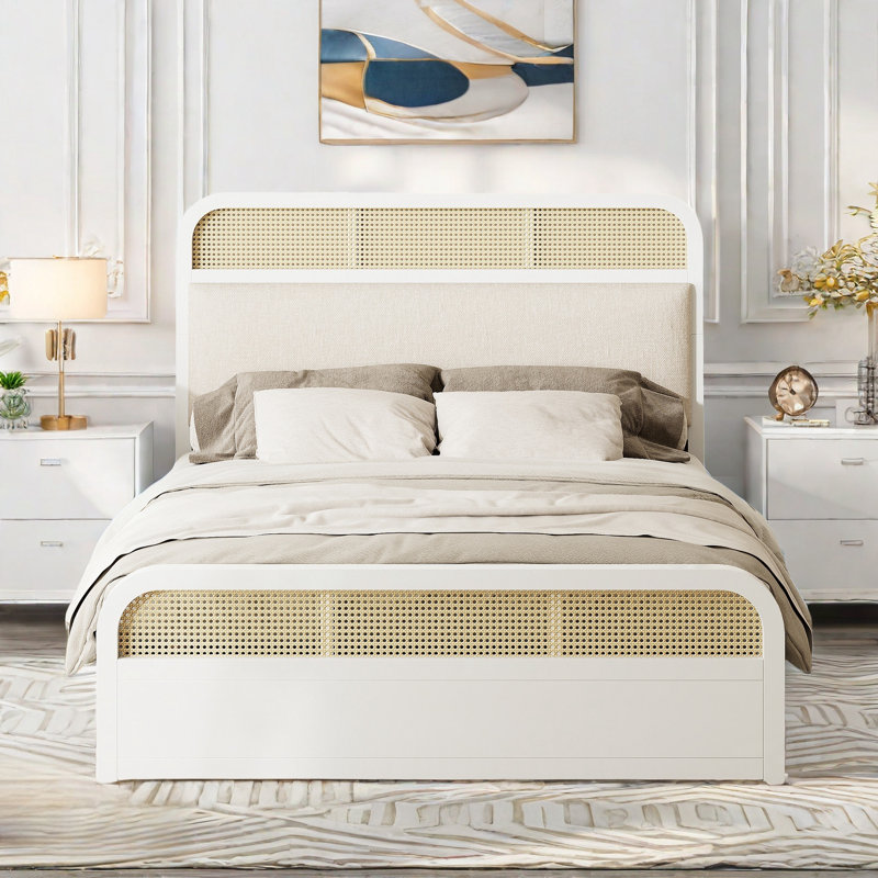 Lit plateforme en bois avec lit gigogne, 2 tiroirs et accents de rotin Brashaun, Blanc