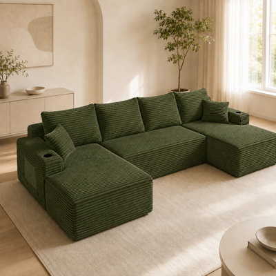 Canapé d'angle modulaire de 340 cm (134 pouces), canapé nuage en forme de U avec méridienne profonde, canapé surdimensionné en velours côtelé, canapé moderne et confortable sans structure pour salon et chambre, aucun assemblage requis, vert