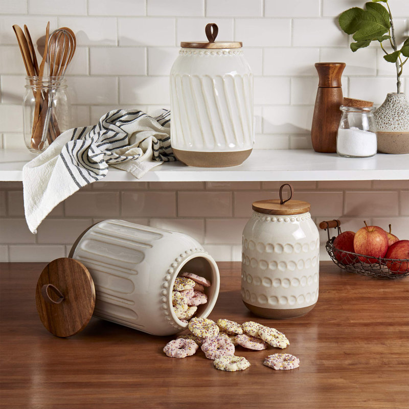 Ensemble de pots en céramique - Ensemble de 3 contenants blancs embossés en bois blanc