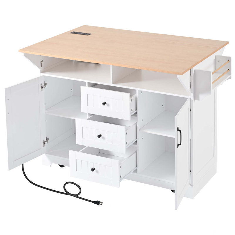 Grand îlot de cuisine 55,7 po avec 2 abattants, chariot de cuisine roulant sur 5 roulettes avec prise de courant, table de salle à manger pliante avec porte-épices et porte-serviettes, 3 tiroirs, pour la cuisine, la salle à manger
