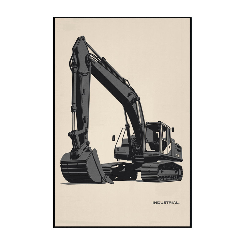 Machine Washable Maurice Excavator Construction Vehicle Industrial Block Print Rug in Beige – Black Binding, 8x12