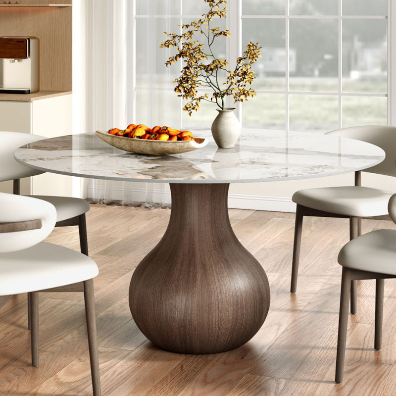 Solid Wood Pedestal Dining Table With Faux Marble For 4/6/8/10 Seats, 29.52"H x 53.15"L x 53.15"W, Brown, Dark Walnut