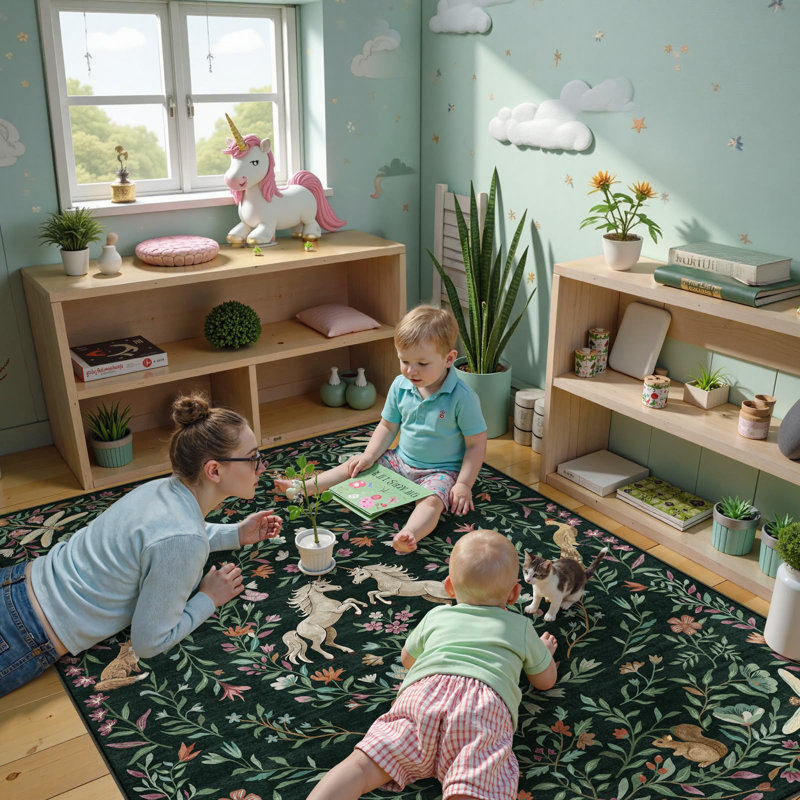 Goldene Machine Washable Animal Floral Green Area Rugs For Kid Room Living Room Bedroom Non Slip Soft Low Pile Unicorn Vintage Carpet