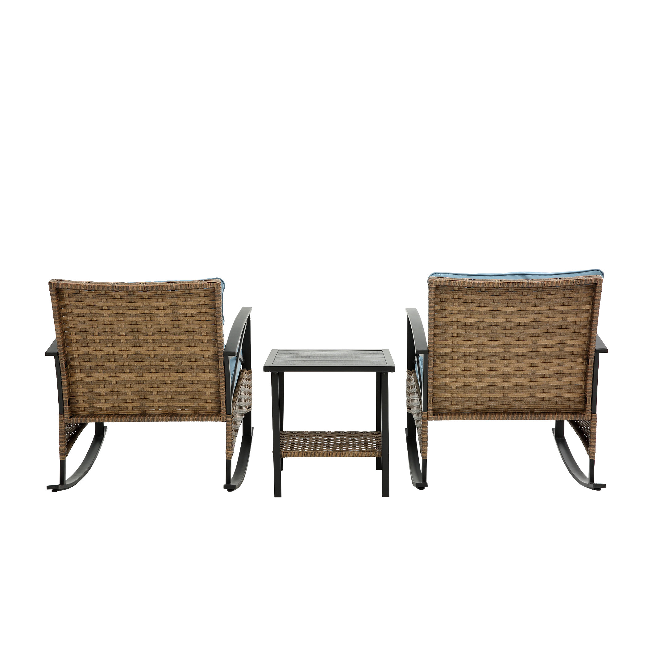 Ebern Designs 3-Piece Outdoor Rocking Rattan Chair Set - Blue Patio ...