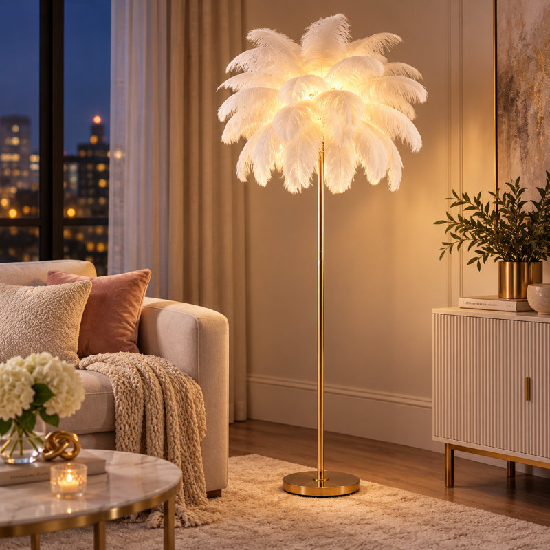 Lampe sur pied moderne de 63 po à plumes avec éclairage 3 couleurs, abat-jour surdimensionné en plumes d'autruche de plus de 40 cm et interrupteur au pied, doré