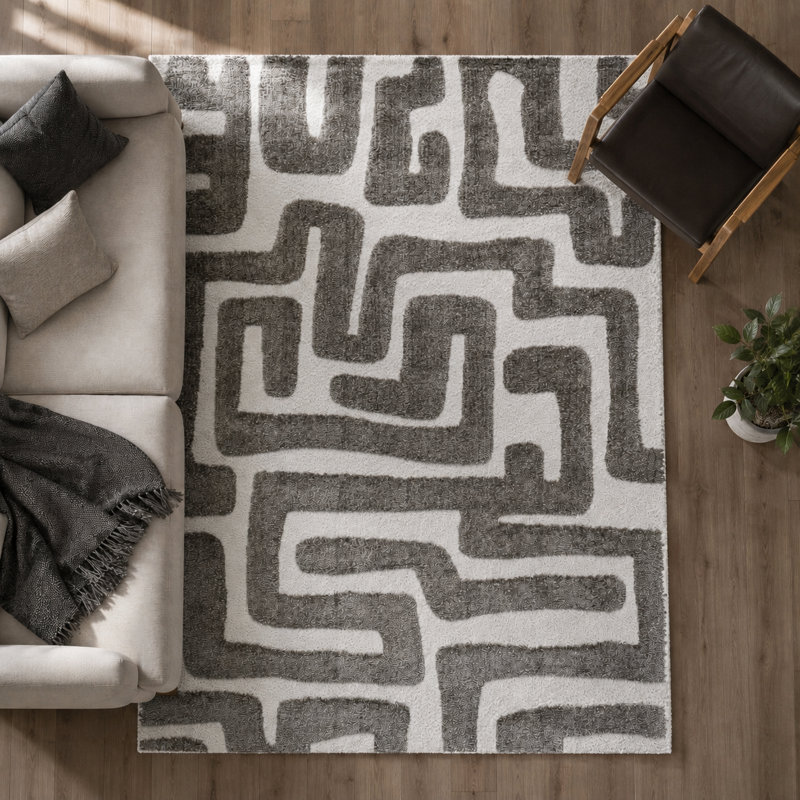 Tapis en polyester recyclé gris et ivoire Luna Meara, Rectangle 5' x 8'
