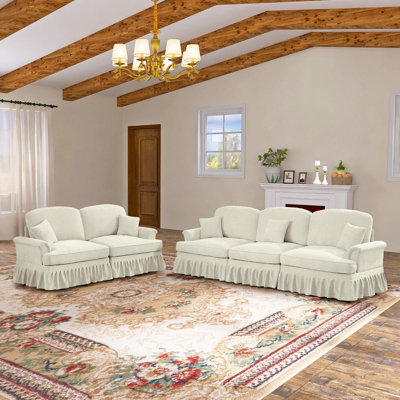 Praylow 107.1"W Chenille 3 seater sofa with 2 Ottomans and Removable Ruffles Pleats Skirts and Spindle Legs