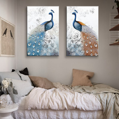 2 Panels Peacock Elegant Framed On Canvas 2 Pieces Painting