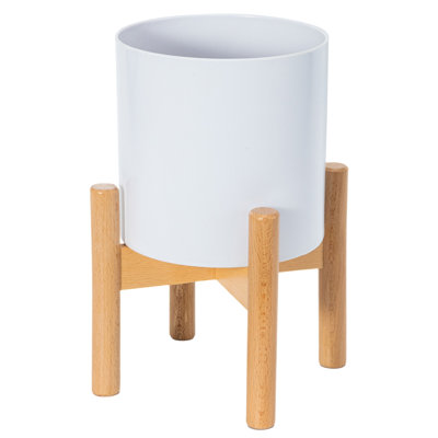 Support pour plante en hêtre naturel avec pot en mélamine blanche