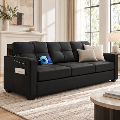 88” W Faux Leather Couch With Square Armrests