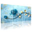 Pivoine, rose bleue et feuilles d'or sur fond bleu, ensemble de 3 impressions sur toile-1973513040