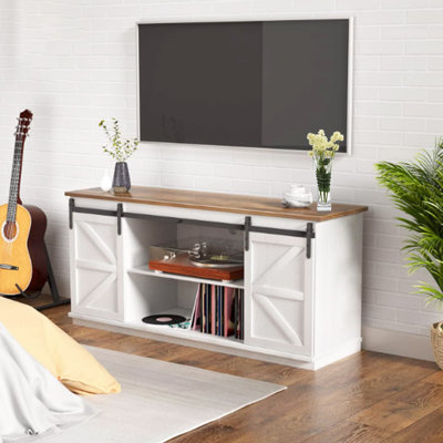 Farmhouse TV Stand And Entertainment Center With Sliding Barn Doors And Lockers, Living Room Media Furniture, White And Rustic -  17 Stories, C67F579297BD4A77BA9E3E8C110CE788