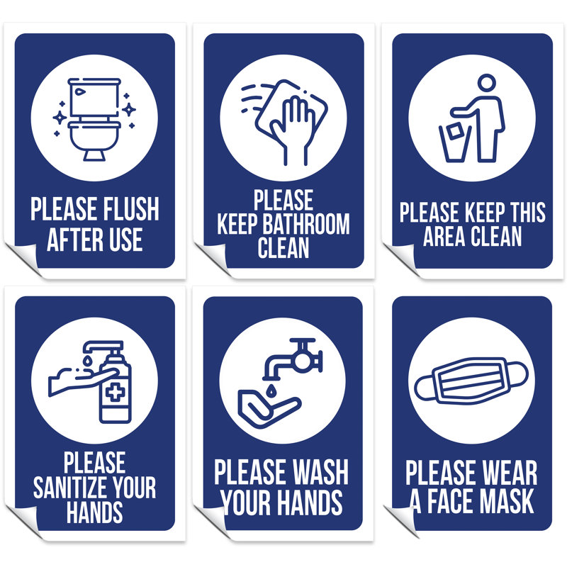 Bathroom Toilet Hygeine Wall Signs Business - 6 Piece No Frame Print Set, 29.7cm H x 21cm W