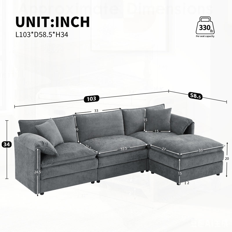 Canapé modulaire en chenille avec siège profond et large, ensemble de canapé en forme de L avec coussins doubles, canapé à 4 places avec repose-pieds mobile, mobilier d'intérieur surdimensionné