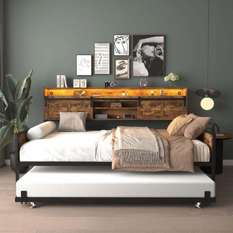 Twin Daybed With Trundle,Charging Station & LED Light, Brown
