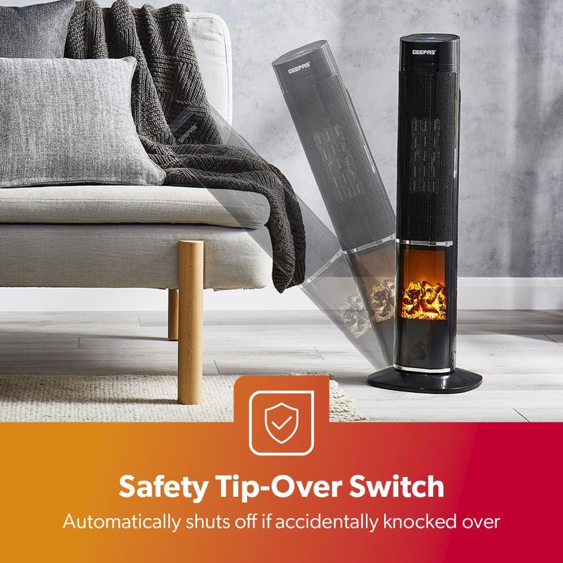 GEEPAS Oscillating Digital Tower PTC Energy Efficient Heater With 3D Flame | 2 Heat Settings Low Running Cost Ceramic Heater LED Display 24H Timer Remote Control Cool & Warm Blow Modes, Safety Cut-Off