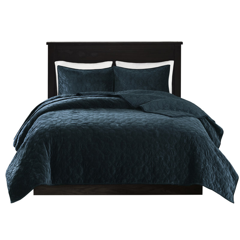Velours - chaleureux et confortable, motif géométrique, literie en coton 3 pièces élégante, matelassée, rembourrée, Sarcelle