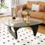 Table basse triangulaire en verre avec base en bois, table basse moderne en verre trempé Mid-Century pour le salon-374872840