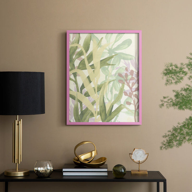 «Dreamy Tropical Leaves I», reproduction encadrée - bois massif, Rose, H 11 po x l 9 po