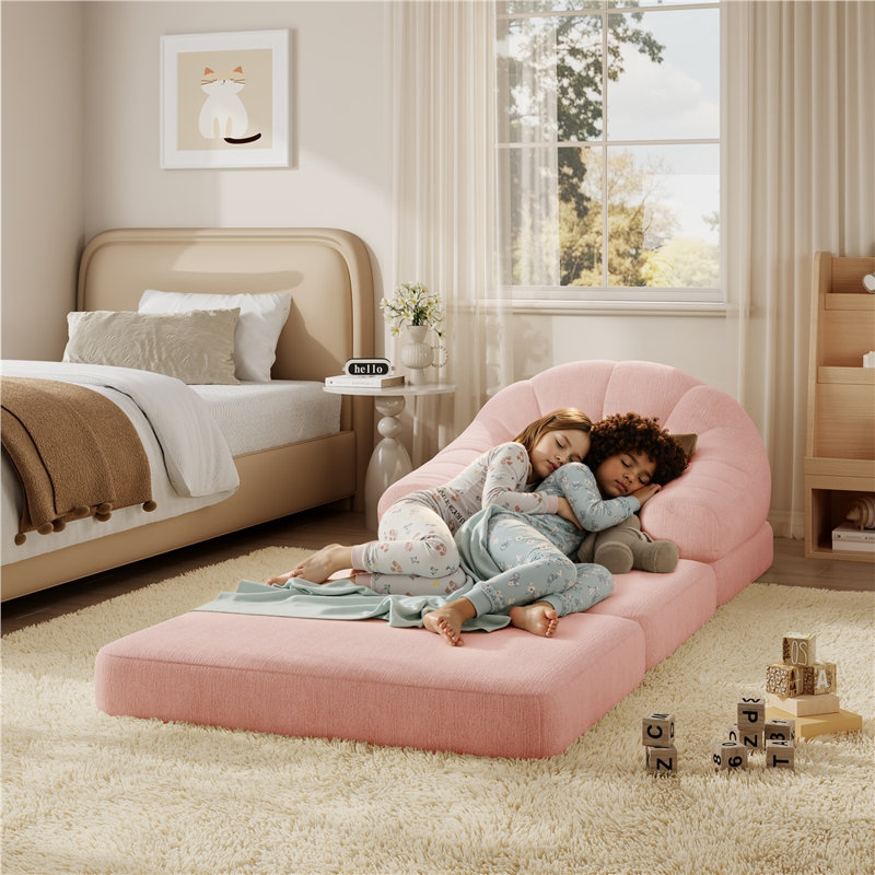 Fauteuil d'appoint pliant 2 en 1, fauteuil à billes convertible moelleux en canapé-lit, canapé-lit simple multifonctionnel pour le salon et les petits espaces, rose