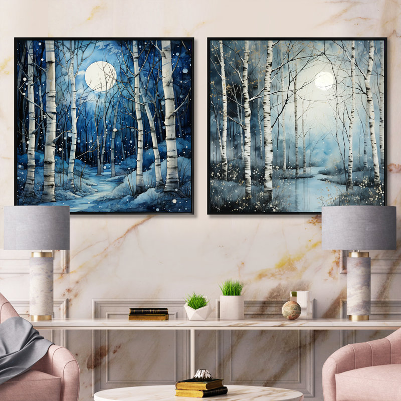 Birch Woods Gilded Pathway I - ensemble de 2 boules carrées, Cadre flottant noir, H 16 po x l 33 po