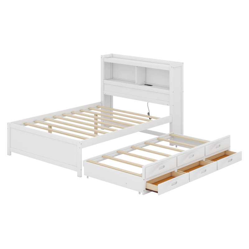 Lit plateforme double avec prises USB et 3 tiroirs, lit en bois massif avec tête de lit et lit gigogne, Blanc