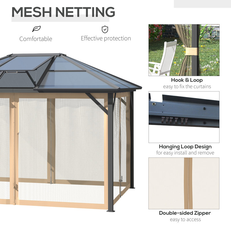 Gray Aluminum Frame Hardtop Gazebo with Polycarbonate Roof and Netting