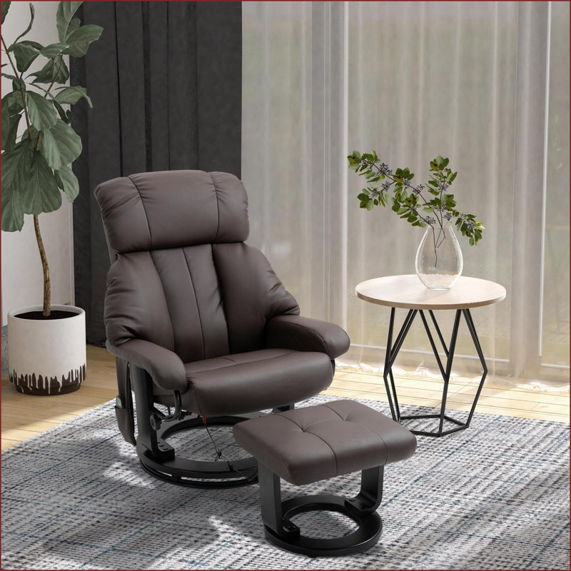 Fauteuil inclinable avec massage, pivotant à 360 ° en cuir de polyuréthane avec repose-pieds, brun noyer | Télécommande, poche latérale