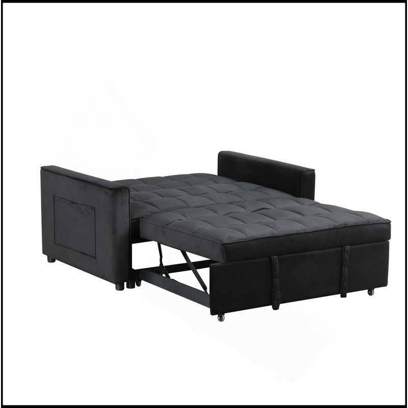 Causeuse convertible en velours noir l 53,5 po Maeve avec capitonnage et poche latérale