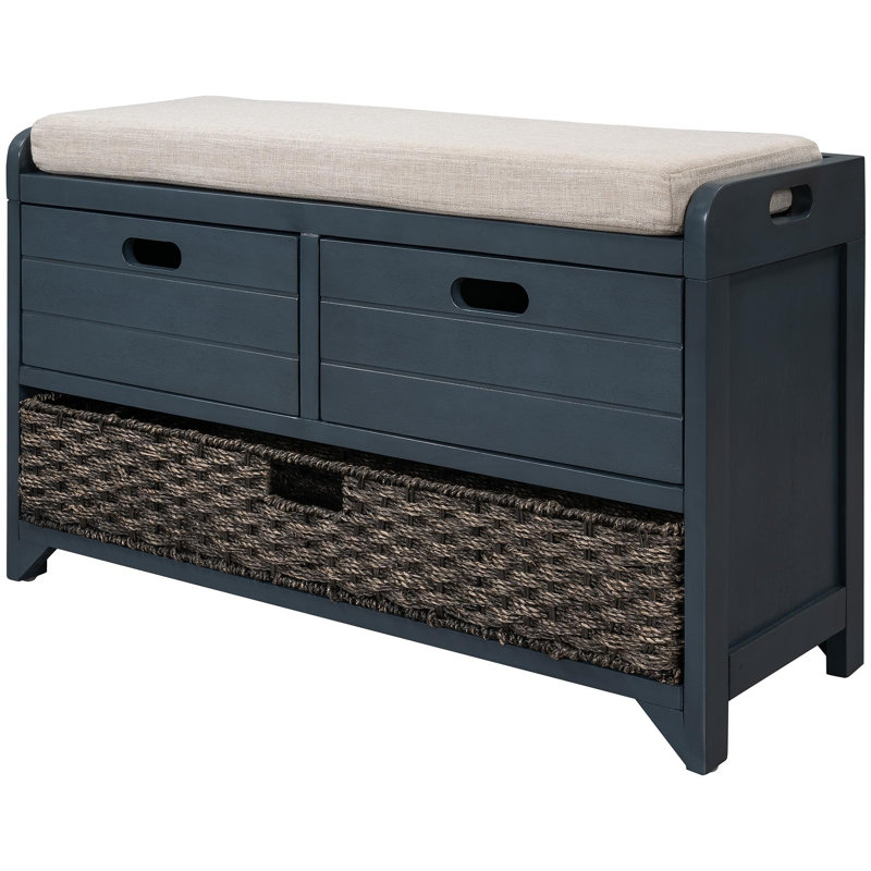 Banc de rangement avec panier amovible et 2 tiroirs, banc à chaussures entièrement assemblé avec coussin amovible (bleu marine)