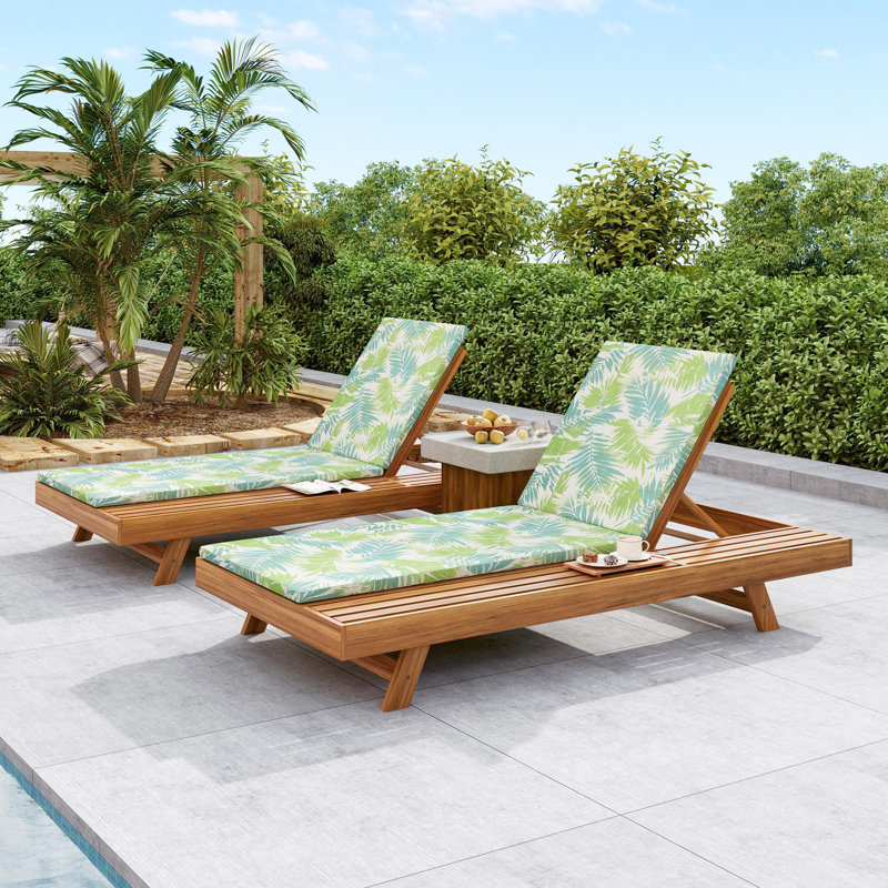 Erich Patio Acacia Wood Chaise Lounge With Adjustable Backrest & Triple-Fold Cushion