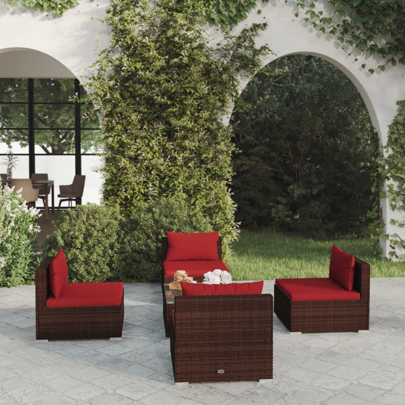 23.6" Wide Square Patio Sectional Set with Cushions, Brown/Red