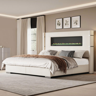 Lit moderne H 60,4 po avec tête de lit et foyer en velours côtelé