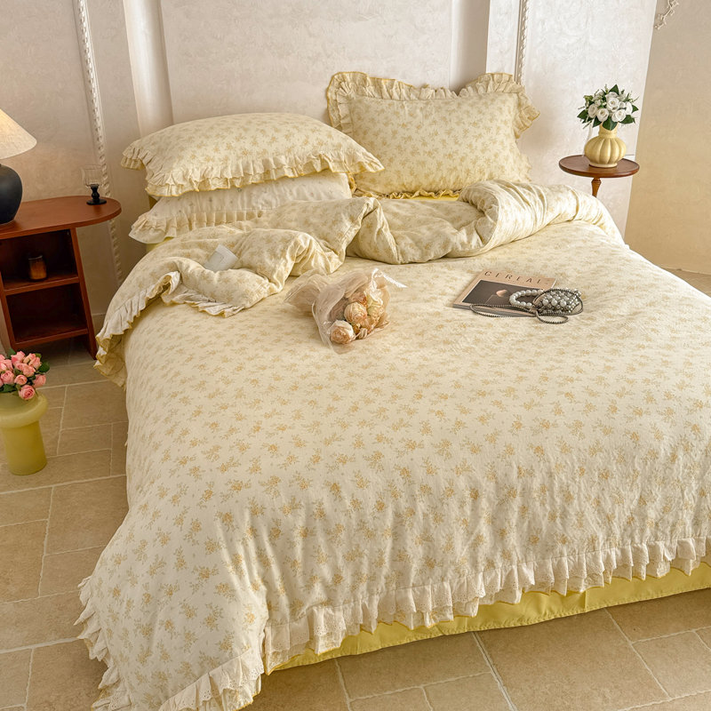Literie en coton à volants et motifs floraux style shabby chic, Grand lit, Yellow Floral