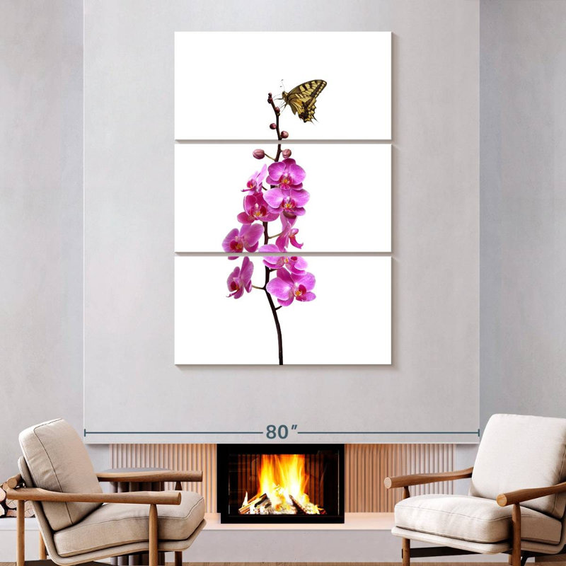 Papillon Brampt sur une tige d'orchidée, H 74 po x l 48 po