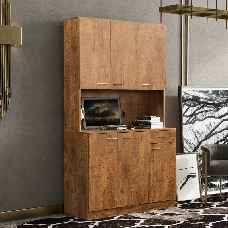 Armoire de cuisine de 71,8 po de hauteur pour chambre à coucher, noyer. 6 portes, 1 tablette et 1 tablette ouverte. Fiable, facile à nettoyer et à installer dans une chambre à 6 portes, 1 tiroir, une construction ouverte et stable