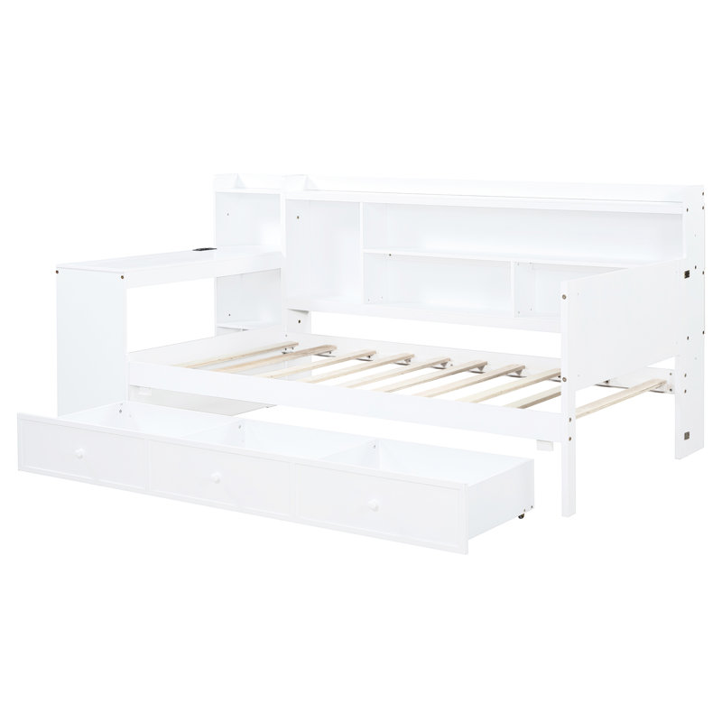 Lit de jour simple blanc avec 3 tiroirs, ports de chargement et bureau - Bois de pin pour une construction confortable de taille repos