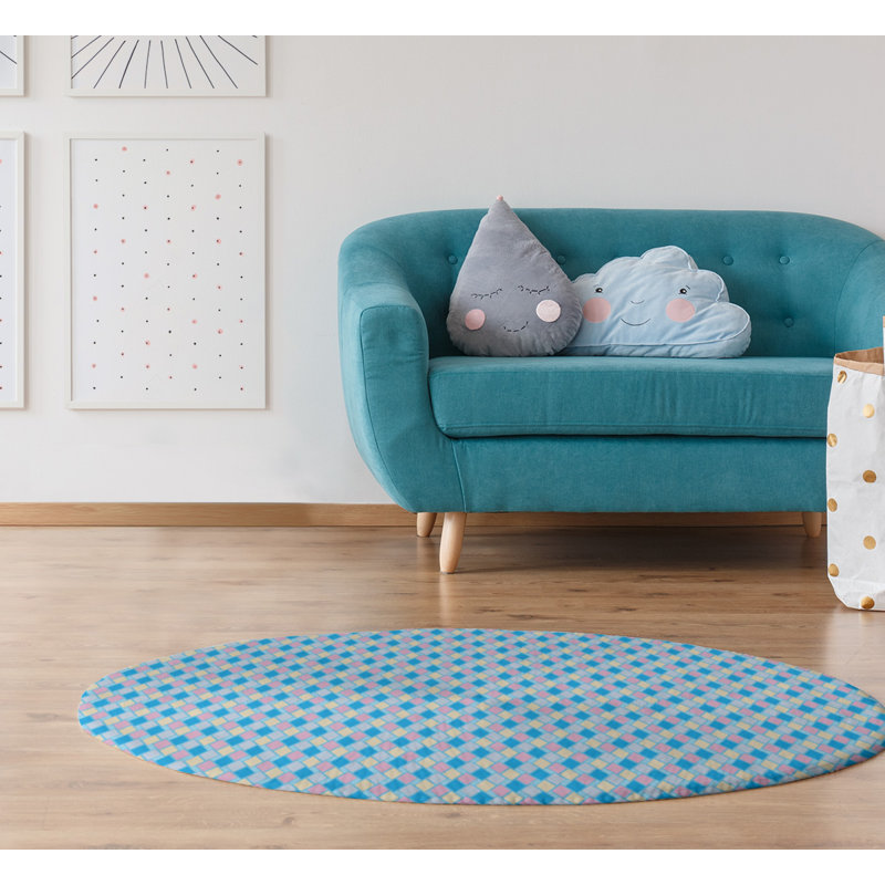 Tapis bleu ciel light losanges rétro, Rond 5 pi