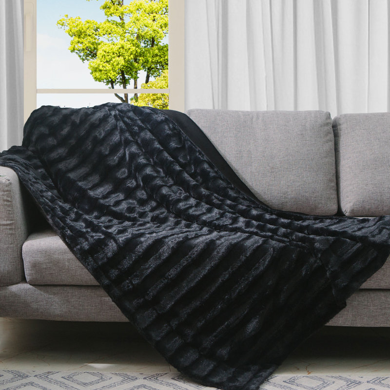 Luxurious Black Faux Fur Reversible Throw Blanket, 40" x 50"