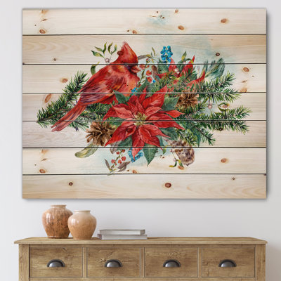 Poinsettia de Noël et cardinal rouge - impression traditionnelle sur bois de pin naturel