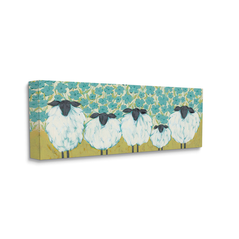 «Sheep Family Blue Daisy» par Michele Norman - peinture sur toile tendue, H 20 po x l 48 po x P 1,5 po