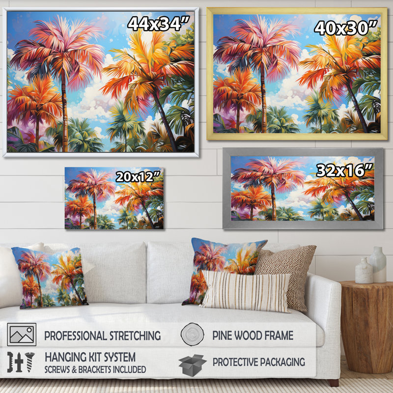 Collage de palmiers colorés sur toile, Encadrement doré, H 34 po x l 44 po x P 1,5 po