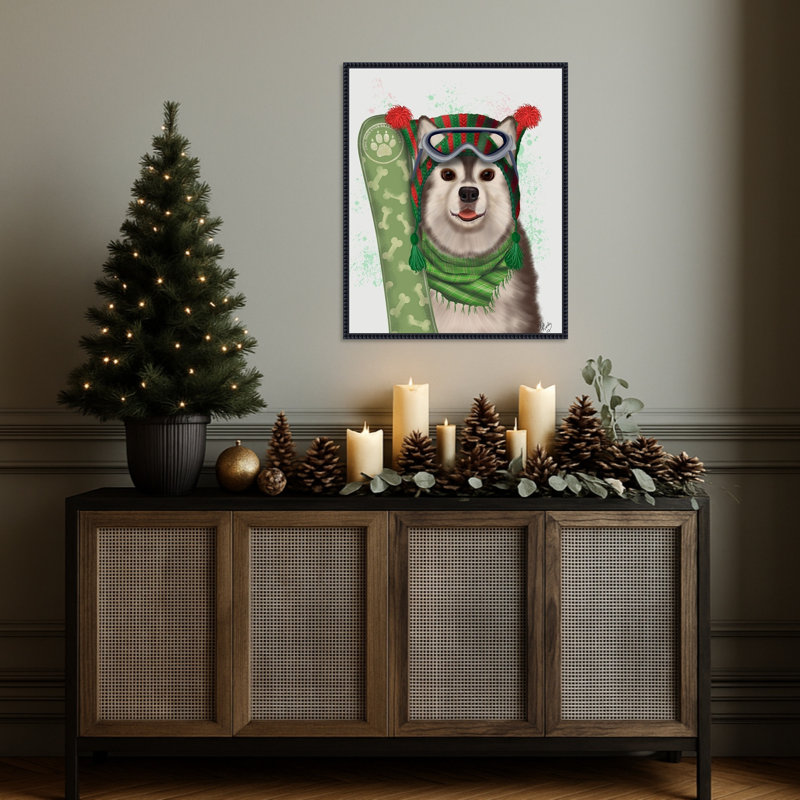 «Christmas Husky Snowboard» par Fab Funky, impression sur toile encadrée