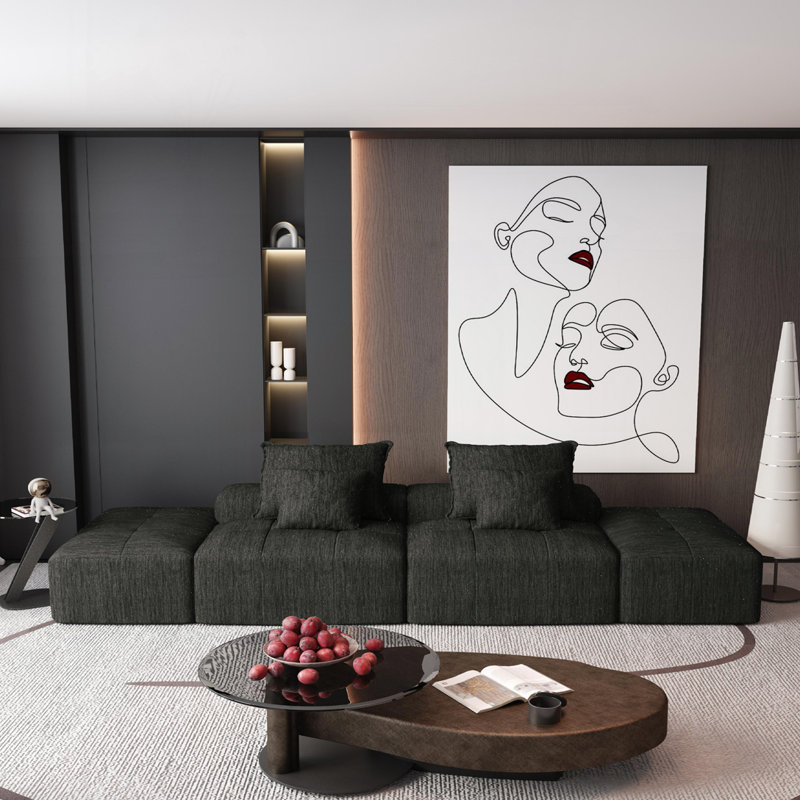 Canapé modulaire surdimensionné moderne avec 2 repose-pieds, Chenille noir