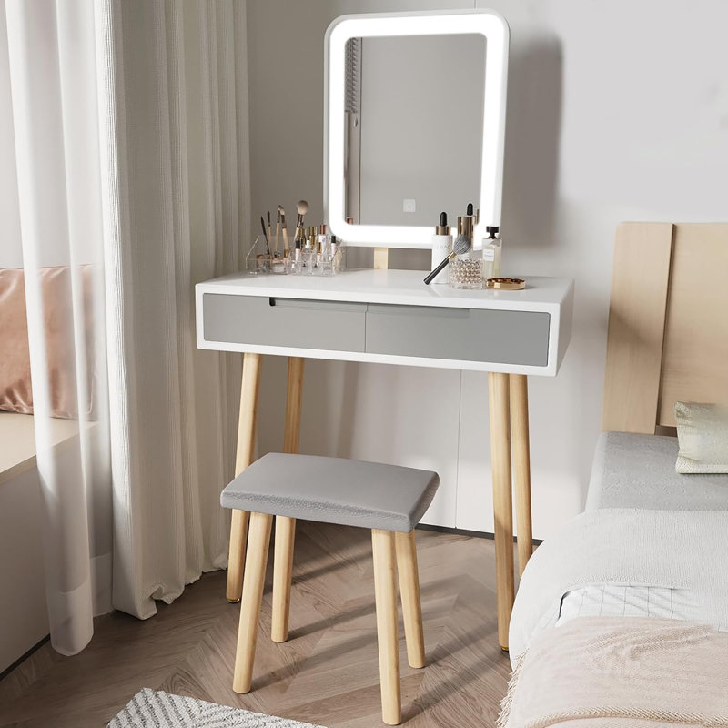 Ensemble de coiffeuse avec miroir à luminosité réglable et tabouret rembourré