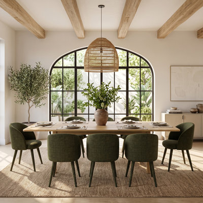 72"–104" Real Wood Veneer Extendable Dining Table Set with 8 Chenille Armchairs